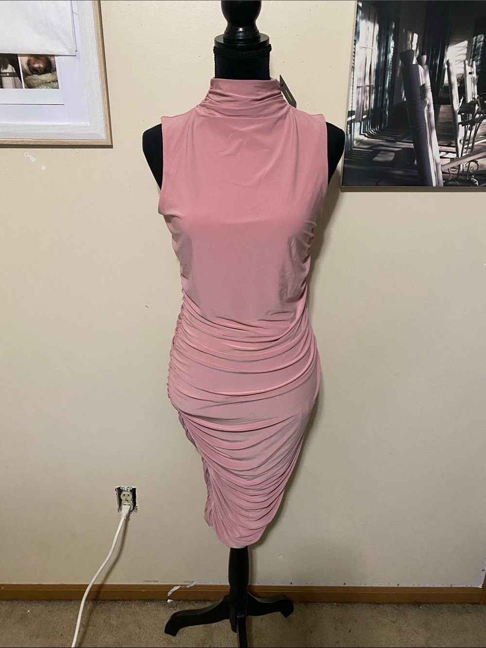 Express Sleeveless Mock Neck Ruched Midi Dress in Dusty Rose Sz Med